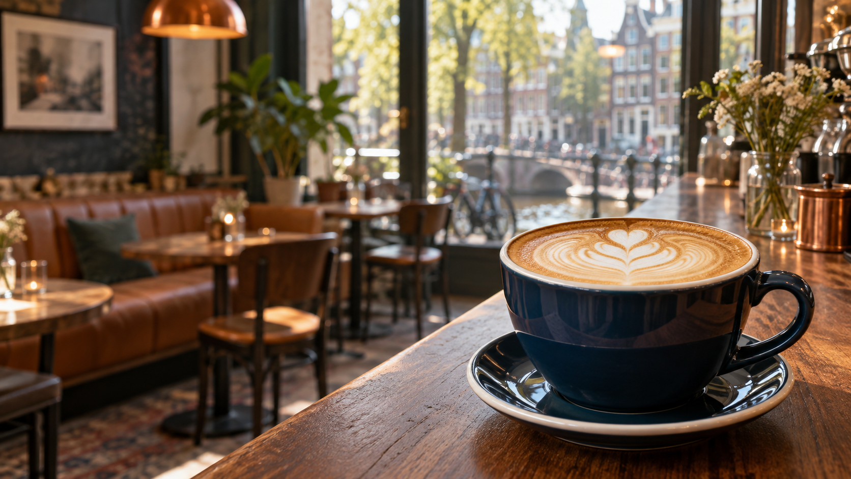 A navy coffee cup on a warm wooden café counter